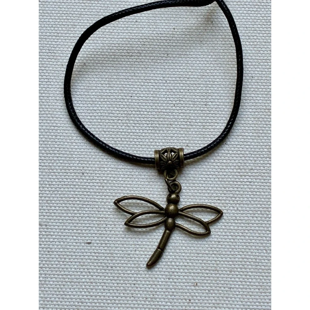 Dragonfly Pendant Necklace Bronze Tone Black Cord Boho Cottagecore Nature